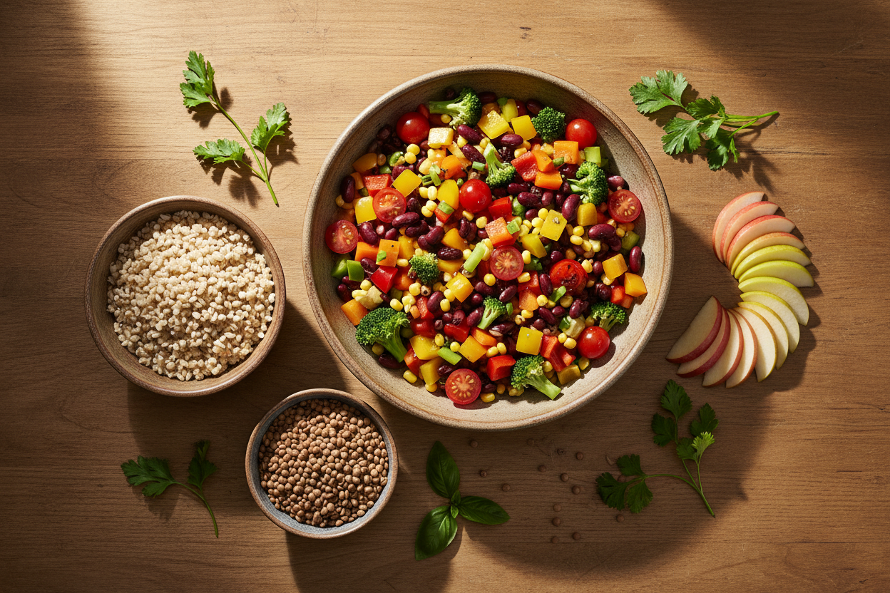 Colorful vegetables, beans, barley, fruit and lentils