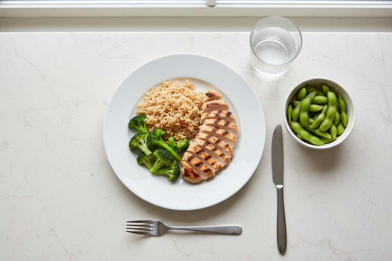 Grilled chicken, brown rice, broccoli, edamame and water