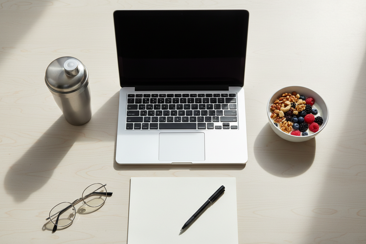 Wellness workspace with laptop, shaker, yogurt, notebook and glasses
