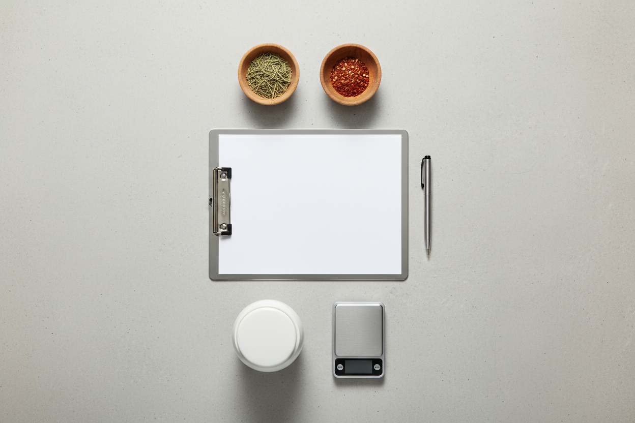 Industrial flat lay with a metal clipboard, blank paper, white jar, digital scale and dried herbs