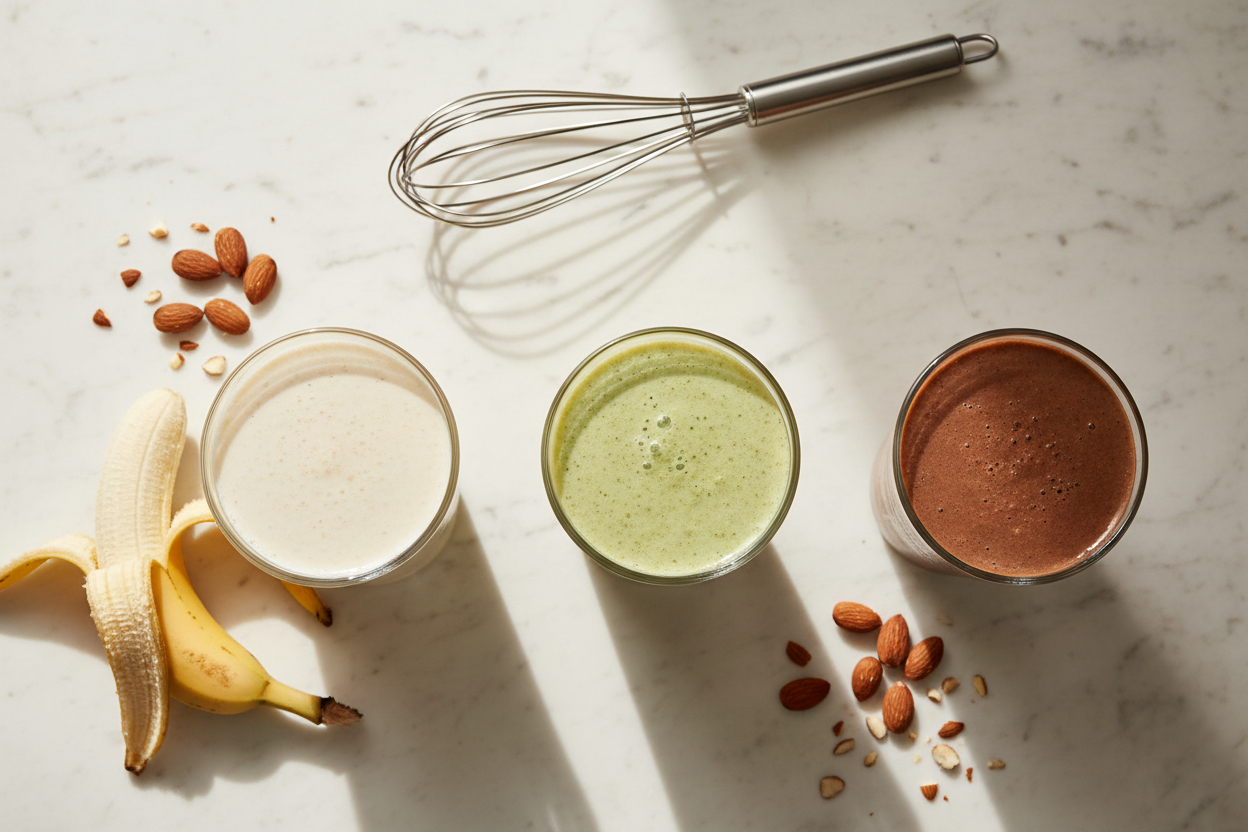 Protein shakes in cream, pale green and chocolate, with whisk, banana and almonds